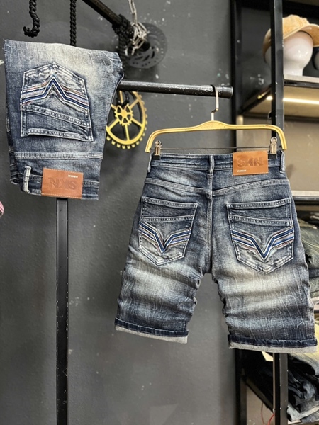 Sort Jean QC- JD773 Xanh bạc was cào túi thêu V