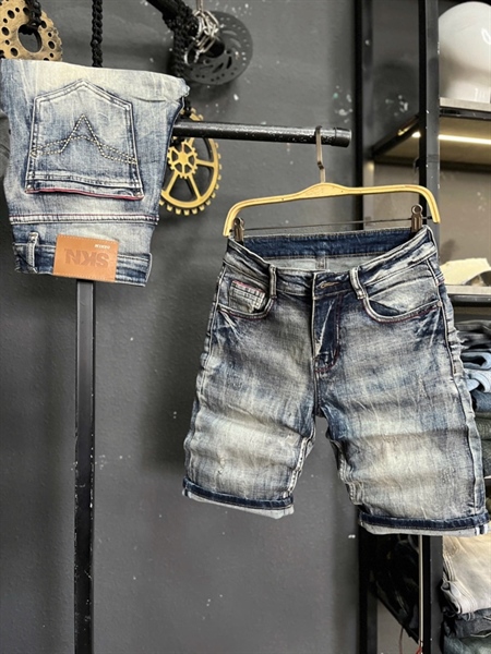 Sort Jean QC- JD8003 xanh was retro viền đỏ thêu túi
