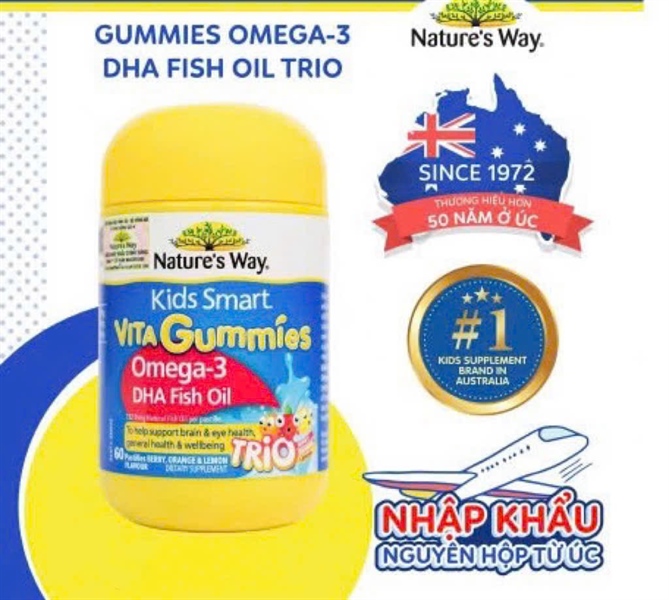 Nature's Way Kids Smart Vita Gummies Omega-3 DHA Fish Oil Trio - Hỗ trợ sức khỏe não và mắt (Lọ 60 viên)