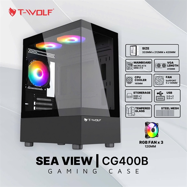 Thùng vỏ case T-Wolf TW CG400B đen kèm quạt