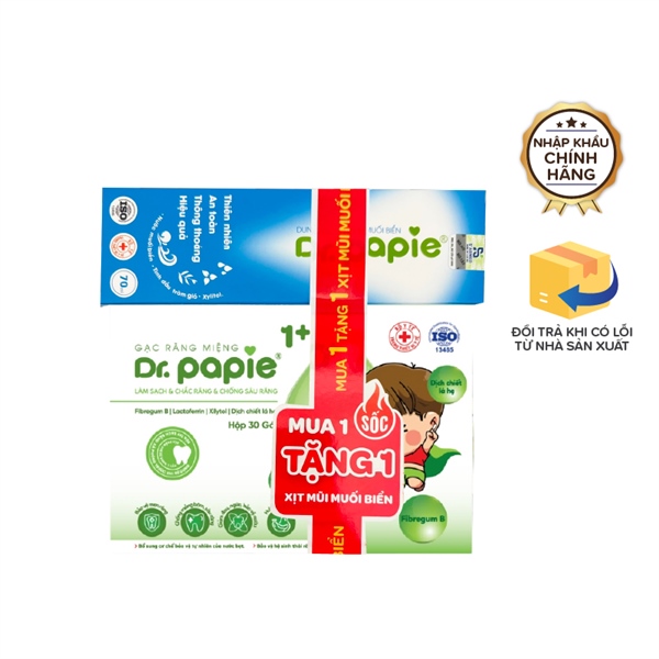 Gạc răng miệng Dr.Papie (chiết xuất lá hẹ) – Hộp 30 gói – Từ 1y tặng Dung dịch xịt mũi muối biển Dr.Papie – Việt Nam – Từ 3m