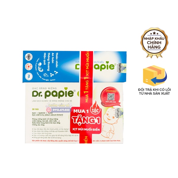 Gạc răng miệng Dr.Papie – Hộp 30 gói – Từ sơ sinh tặng Dung dịch xịt mũi muối biển Dr.Papie – Việt Nam – Từ 3m