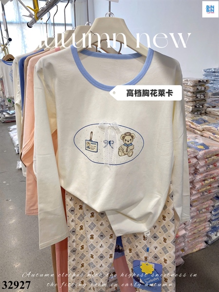 32927-Bộ KK-Gấu Xanh Đính Nơ Chấm Bi