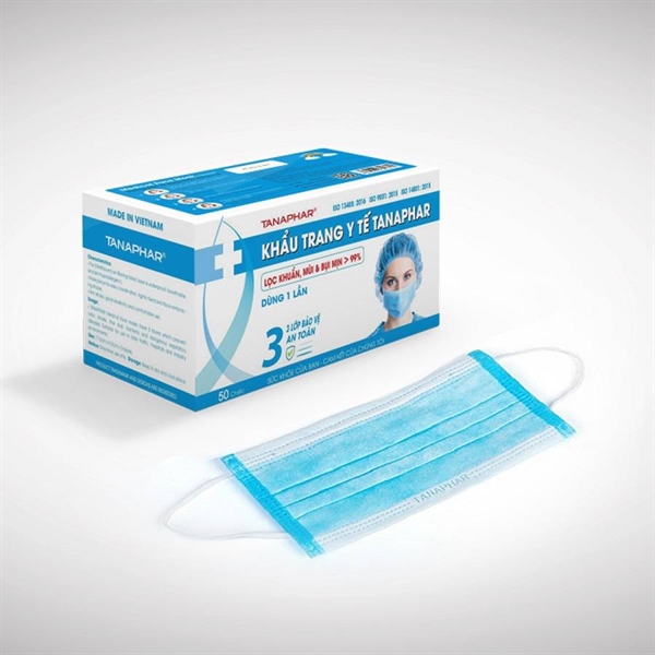 Khẩu trang y tế Tanaphar 3 lớp màu xanh (Hộp 50 cái) - VN