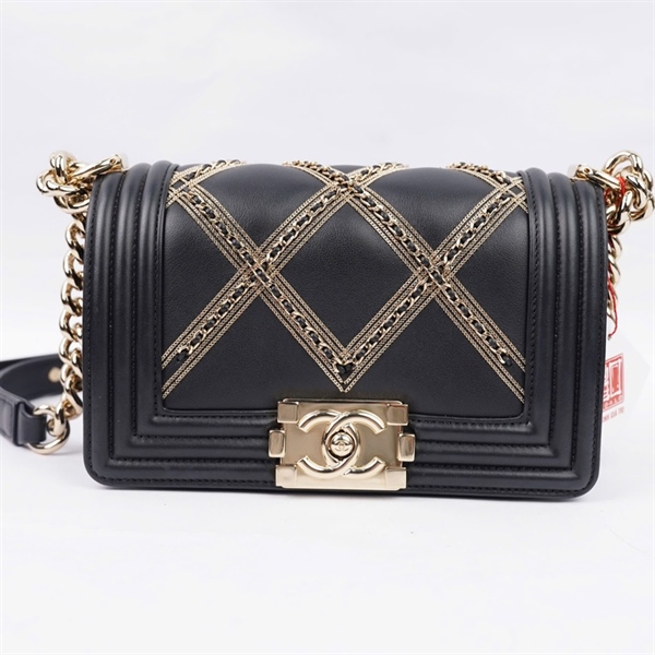 Túi Chanel Boy đen đính dây xích (TTU4JCC4) sz20 +