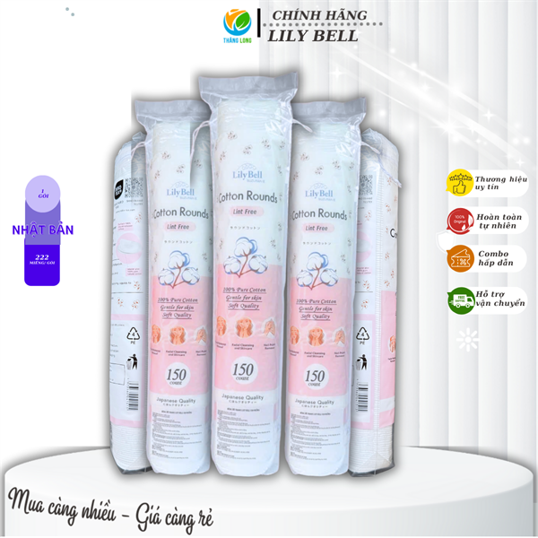 Bông tẩy trang miếng tròn, 100% cotton, chưa ngâm tẩm hương dược liệu: Lily Bell . 150miếng/túi, 30túi/Carton.Hàng mới 100%
