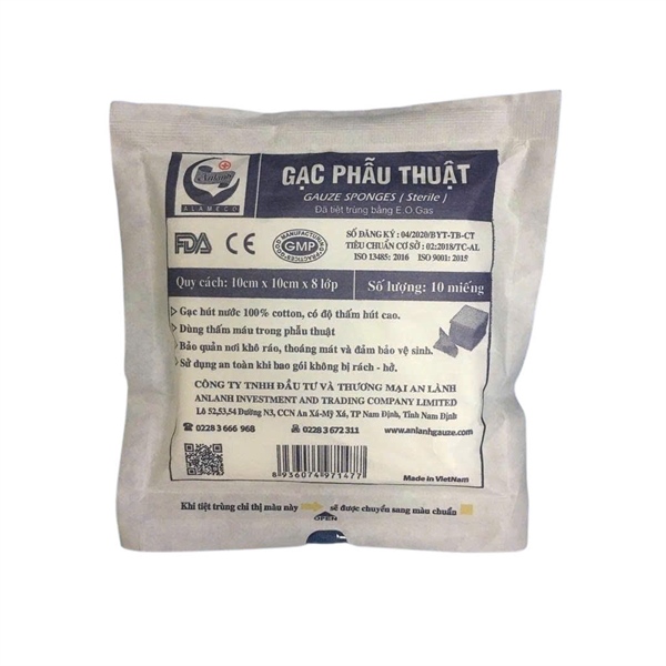 Gạc phẫu thuật 10cm x 10cm x 8 lớp vô trùng (K*50 Bịch*10 Túi * 10 miếng) - An Lành/VN