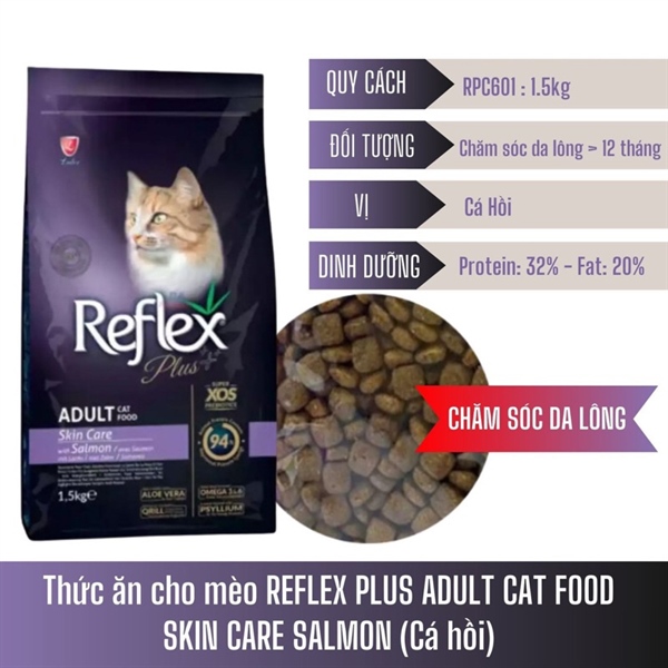 Hạt Reflex Plus cho mèo túi 1.5kg Chăm sóc lông da