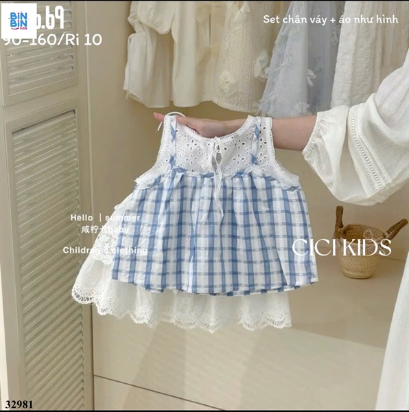 32981- Set váy kẻ xanh + Cv tầng nơ