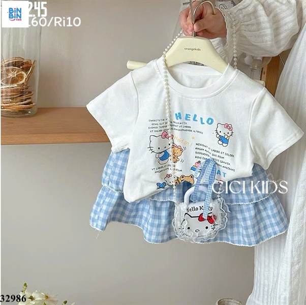 32986- Set Hello kitty nơ + Cv caro xanh