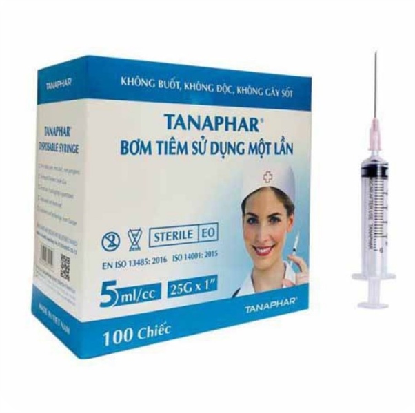 Bơm tiêm 5ml/cc (Kim 25G x 1'') Tanaphar , Bơm tiêm sử dụng một lần (Hộp*100cái)