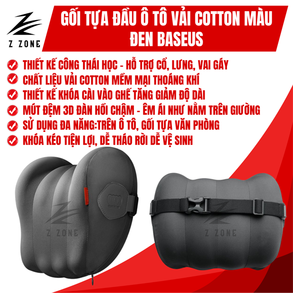 Gối Tựa Đầu Cotton (Đen) Sử Dụng Trên Ô Tô Baseus ComfortRide Series Car Headrest/ Lumbar (Có Mút Đệm3 Hỗ Trợ Cột Sống)
