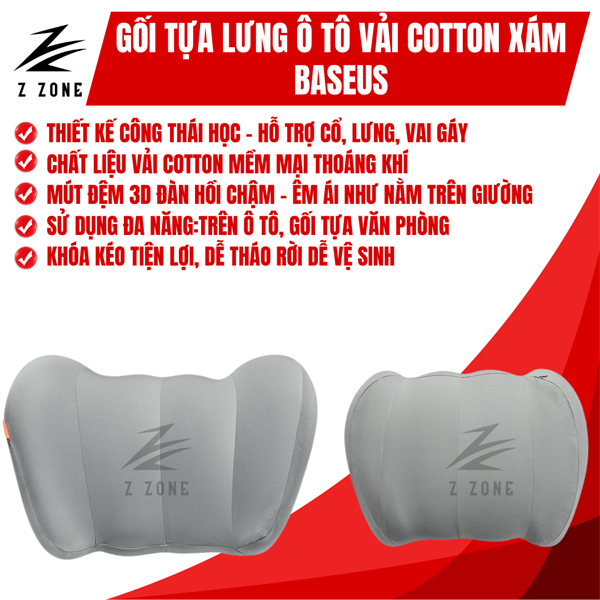 Gối Tựa Lưng Cotton (Xám) Sử Dụng Trên Ô Tô Baseus ComfortRide Series Car Lumbar Có Mút Đệm Lưng 3D Hỗ Trợ Cột Sống