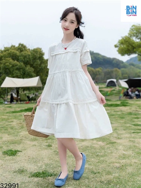 32991-Đầm trắng có tay 2 tầng