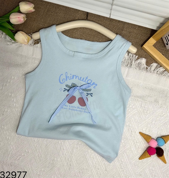 32977- Áo SN xanh đính nơ Chimutan