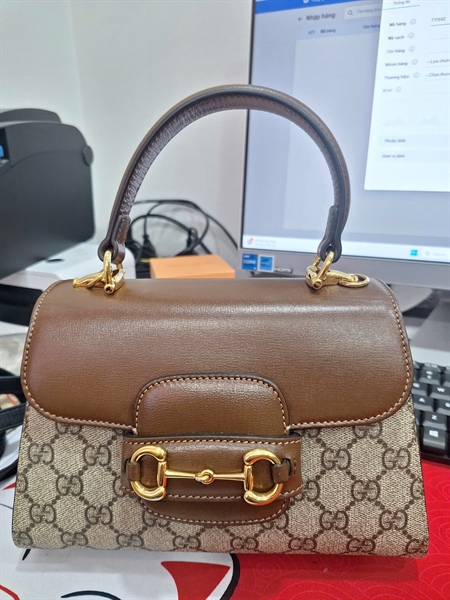 Túi GG Horsebit 1955 xám nắp nâu 2 strap (703848-525040) sz22 (HT)+