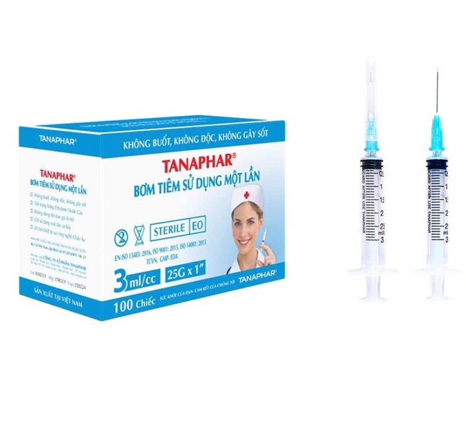 Bơm tiêm 3ml/cc (Kim 25G) Tanaphar Bơm tiêm sử dụng một lần (Hộp 100 cái)