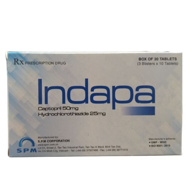 Indapa (Captopril 50mg + Hydrochlorothiazid 25mg) (H*3vỉ*10viên) - S.P.M
