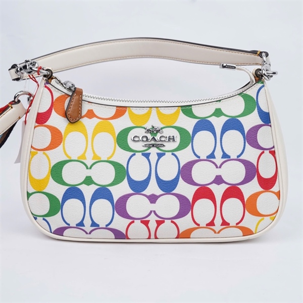 Túi Coach trắng in chữ nhiều màu 2 strap sz24 (QN) KG+