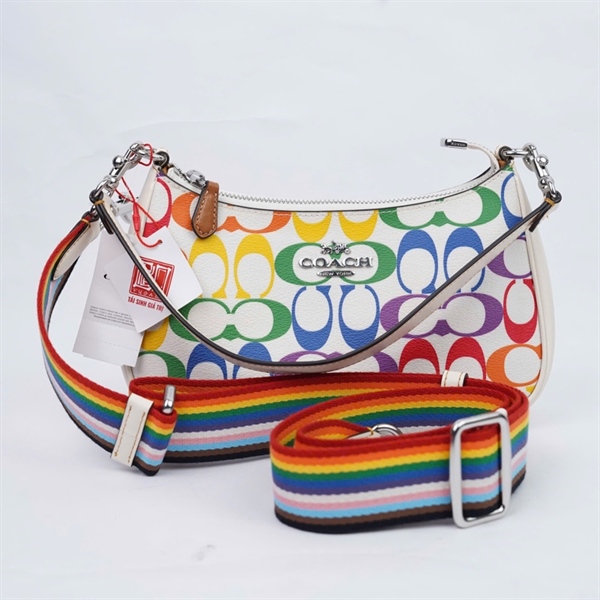 Túi Coach trắng in chữ nhiều màu 2 strap sz24 (QN) KG+