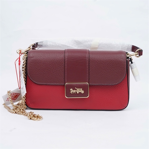 Túi Coach đỏ pha nâu 2 strap sz22 (QN) KG+