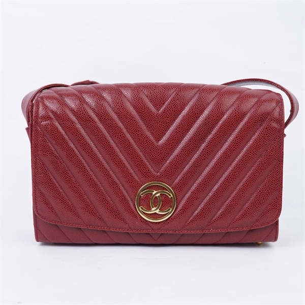 Túi Chanel đỏ đô logo vàng sz28 +