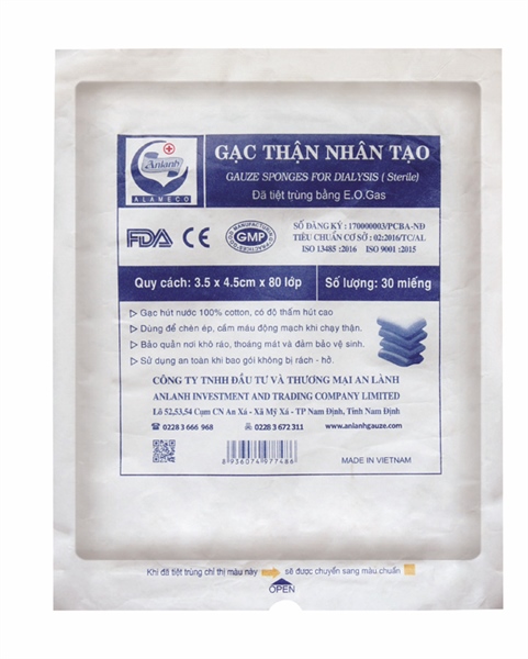 Gạc thận nhân tạo 3,5 x 4,5 x 80 lớp (Túi*30cái) - An Lành