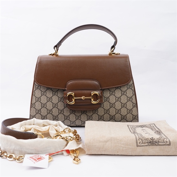 Túi GG Horsebit 1955 xám nắp nâu 2 strap (702049-480028) sz29 (HT)+