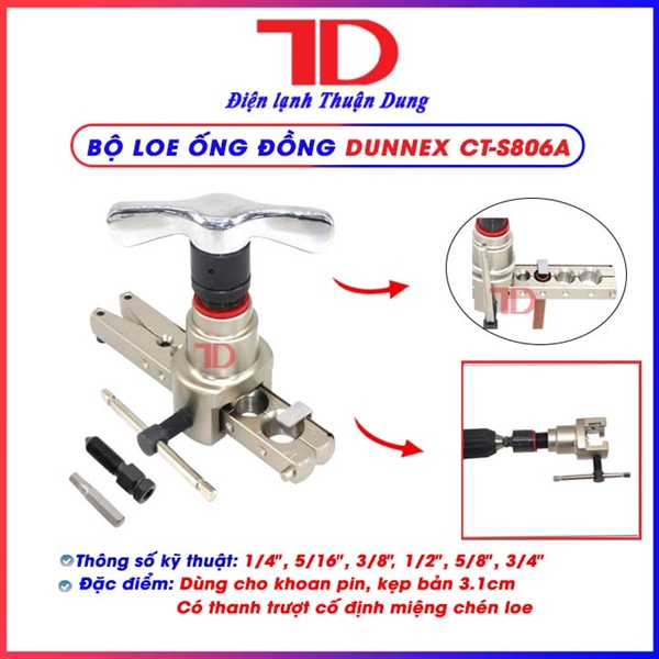 Bộ loe ống Dunnex CT-S806A, có thanh gạt đính kèm theo kẹp ống, dùng khoan pin (thùng 10 bộ)