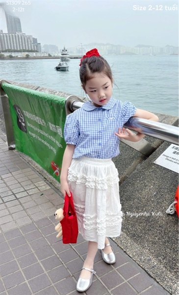 S1309 Set cổ sen caro xanh váy trắng