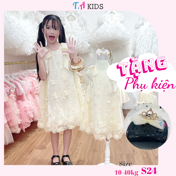 S24 (10-40kg) Váy hoa thêu 2 nơ vai