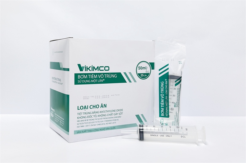 Bơm ăn vô trùng sử dụng một lần 50ml/cc, Bơm cho ăn, Vikimco (Đầu lớn) (Kiện 16 Hộp 25 cái)