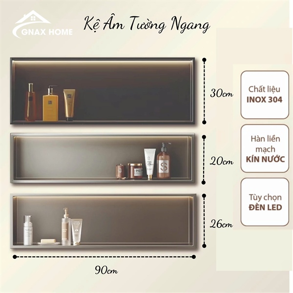 Hộc inox 304 Ngang có LED Xám