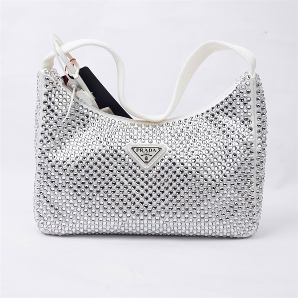 Túi Prada kẹp nách trắng đính cườm sz22 (LN) KG+