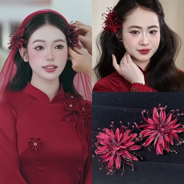 Cài tóc cô dâu hoa đỏ đô 2 hoa kèm khăn voan 1m x 115cm
