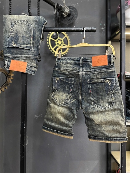 Sort Jean THREE xanh đậm trơn was gân mạng túi chữ T