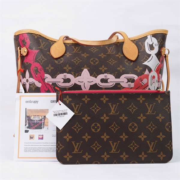Túi LV Neverfull hoa nâu họa tiết xích kèm ví (CA-0170) đáy sz31-miệng sz47 (HC) +