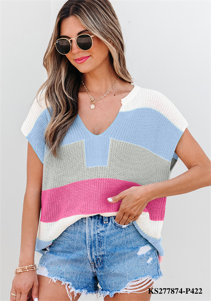Light Blue Color Block Notch V Neck Sweater T Shirt