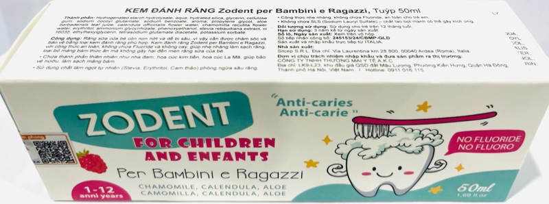 Kem đánh trăng trẻ em Zodent per Bambini e Ragazzi Italia (Hộp 1 Tub 50ml)