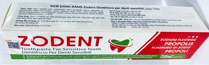 Kem đánh trăng Zodent Dentifricio per Denti Sensibili Italia (Hộp 1 Tub 75ml)