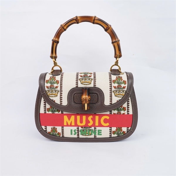 Túi GG Bamboo nude họa tiết in chữ 2 strap kèm gương (631173-486628) sz25 (PN) KG+