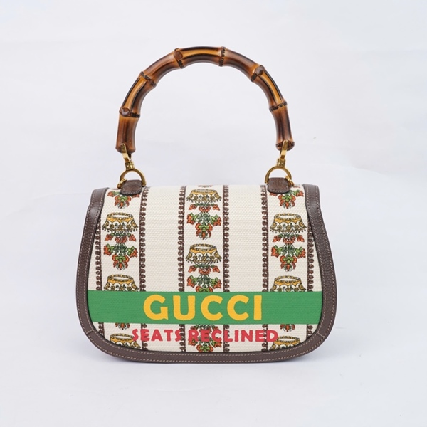 Túi GG Bamboo nude họa tiết in chữ 2 strap kèm gương (631173-486628) sz25 (PN) KG+