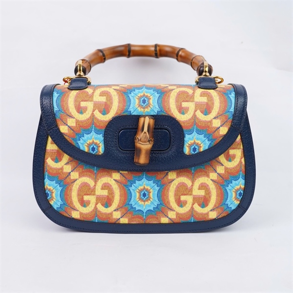 Túi GG Bamboo họa tiết xanh vàng kèm gương (678489-486628) sz25 (PN) KG+