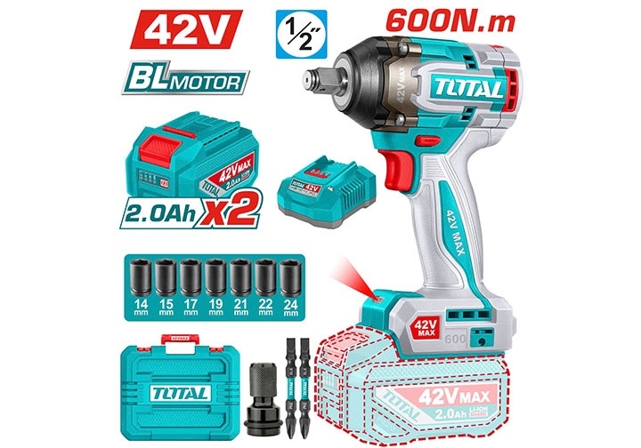 Máy siết bu lông 1/2" 42V - 600N.m dùng pin P42M Total TIWLI42602