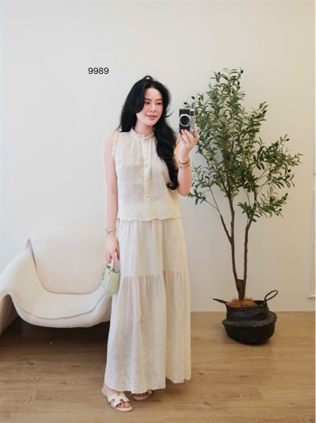 Set thô boy hoa sát nách cv dài ( Kem ) 9989