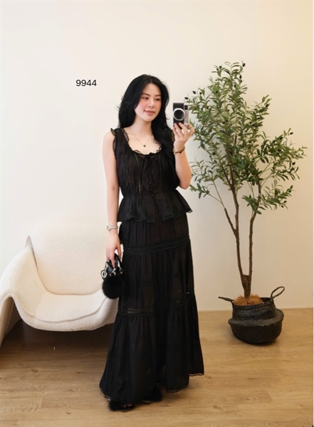 Set sát nách chun eo viền ren cv dài ( ĐEN ) 9944