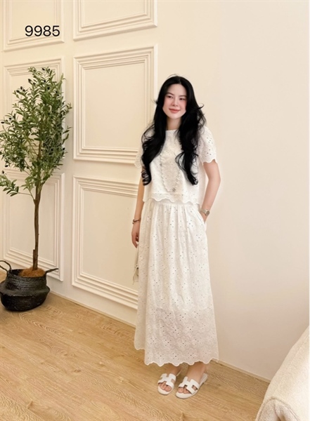 Set hoa hoạ tiết cv dài ( Trắng ) 9985
