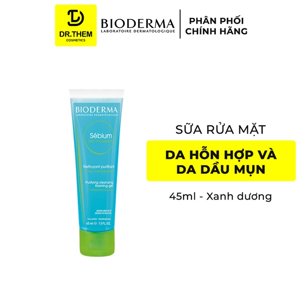 Sữa Rửa Mặt Tạo Bọt Cho Da Hỗn Hợp Và Da Dầu Mụn Bioderma Sebium Gel Moussant Gel (Xanh Dương) 45ml