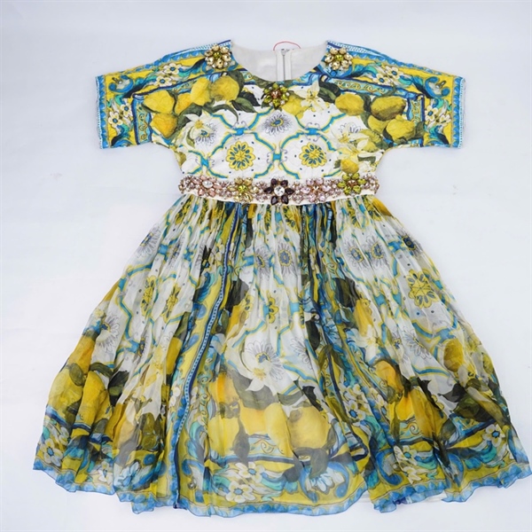 Đầm D&G họa tiết xanh vàng đính đá KG+