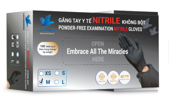 Găng tay Nitrile không bột Size M Đen Lovebirds (H/100c)